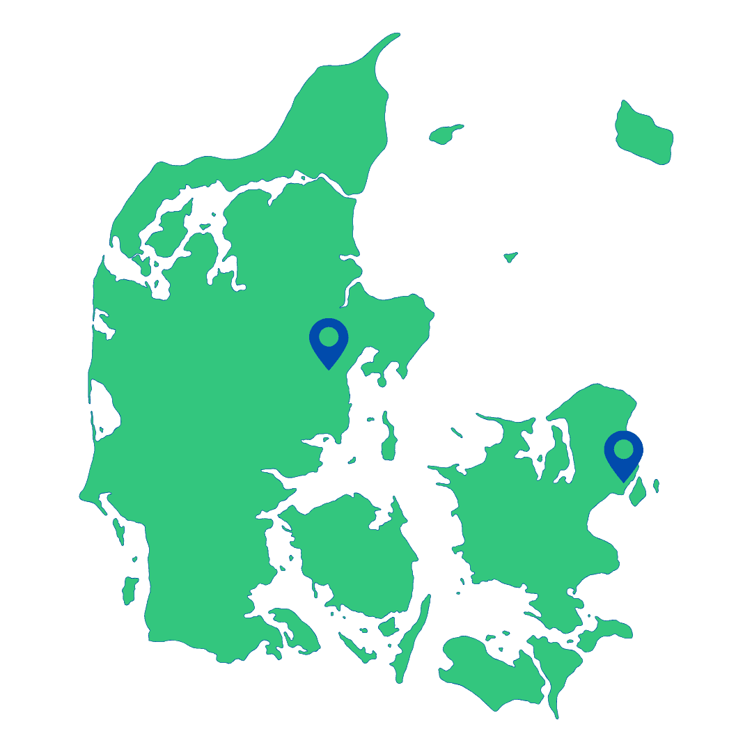 Kort over Danmark med markeringer for is til fest afhentningssteder i Aarhus og København
